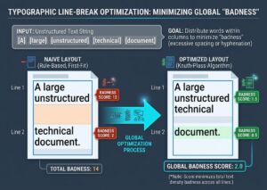 Infographic explaining the Knuth-Plass typographic line-break optimization algorithm by comparing naive first-fit layout badness scores against optimized layout metrics