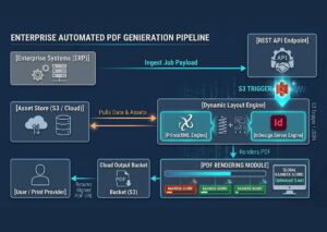 Systems architecture workflow diagram showing an enterprise automated PDF document generation pipeline processing data payload through a headless engine to S3 cloud storage.