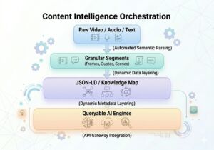 Data flow diagram showing a rich media asset pool passing through an automated semantic parsing layer, generating granular JSON-LD knowledge nodes, and loading into low-latency vector search AI engines.