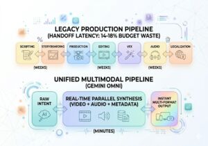 Infographic diagram comparing a sequential legacy production pipeline with massive handoff latency against a unified multimodal real-time parallel synthesis pipeline powered by Gemini Omni.