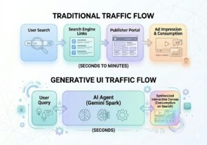 Traffic flow architecture diagram illustrating user query routing. It contrasts traditional web-link indexing models against search-engine synthesized interactive canvases where consumption occurs directly inside the search viewport.